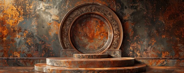 Bronze podium with intricate designs, set against a rich, velvet backdrop.