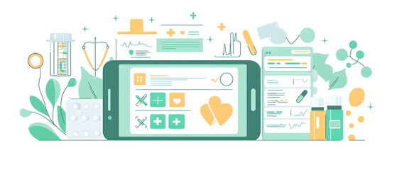 A flat illustration of a healthcare app interface, showing various icons for scheduling appointments, ordering medication, and health monitoring. Background consists of abstract medical symbols