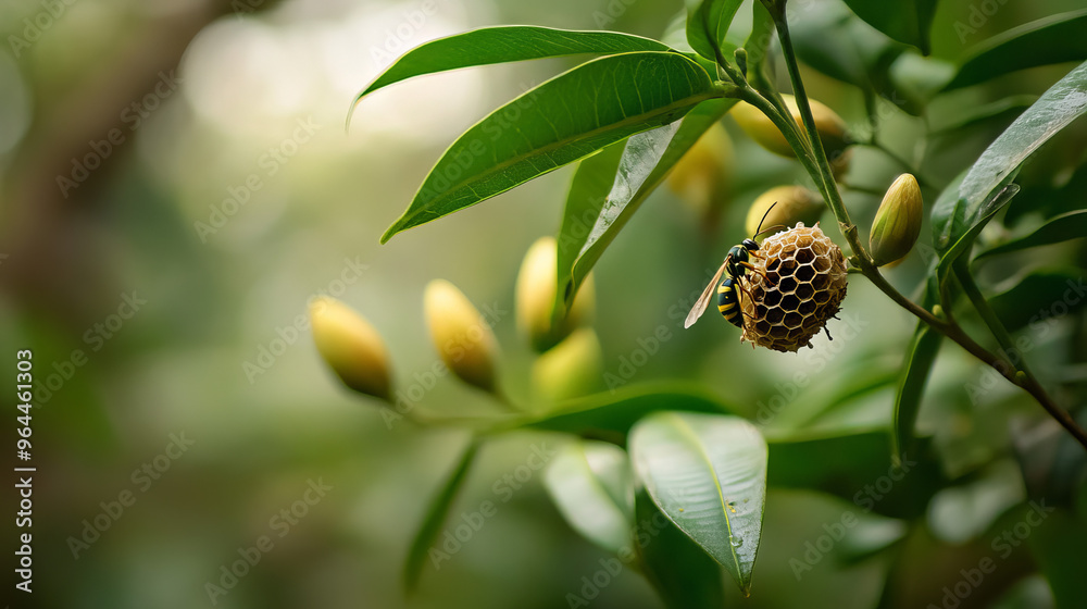 Canvas Prints a close-up picture of a wasp nest being built on a plant. the background is blurry.