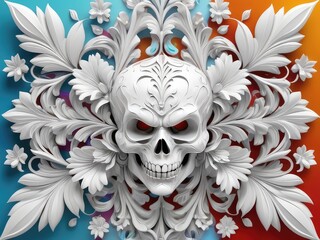 a skull with flowers and leaves on it,Festive Dia De Muertos Skull on empty background, White skull with an ornate design of orange and blue flowers, combining a classic skull with vibrant floral elem