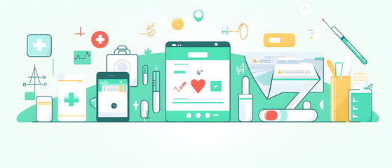 A flat illustration of a healthcare app interface, showing various icons for scheduling appointments, ordering medication, and health monitoring. Background consists of abstract medical symbols
