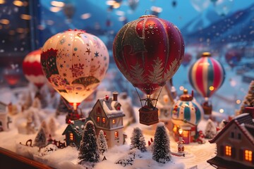 A festive display of Christmas toy hot air balloons with holiday designs, floating over a miniature snowy village.