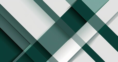 A modern abstract design featuring overlapping geometric shapes in varying shades of green and white, creating depth and texture.