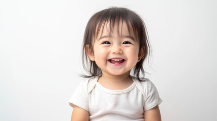 Portrait of Happy Asian toddler girl, sitting with delight ,isolated on a pure white background