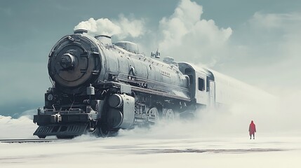 A lone figure in red stands before a steam engine in a snowy landscape