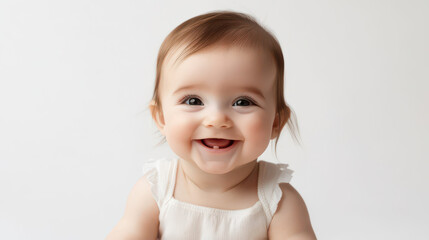 Naklejka premium Portrait of Happy Caucasian baby girl, sitting with a grin ,isolated on a pure white background