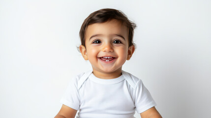Portrait of Smiling Middle Eastern toddler boy, sitting happily ,isolated on a pure white background