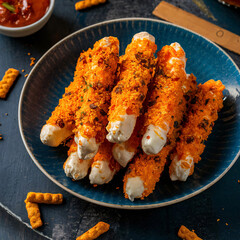 a mouthwatering very close up photo of Cheesy Doritos Encrusted Mozzarella