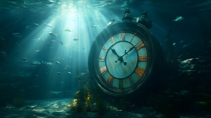 A giant clock submerged underwater with fish swimming through the hands, as rays of sunlight break through the surface