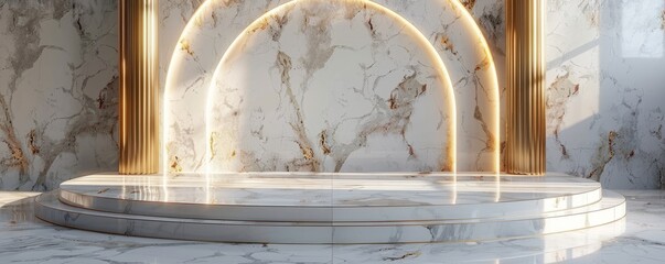 White marble podium with gold inlays, creating a luxurious display.