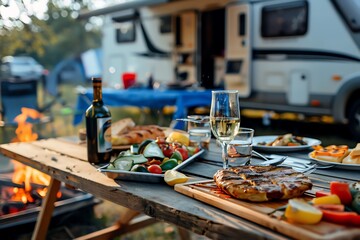 A picnic table laden with food and wine, set for a meal under the open sky, with a campervan in the background.