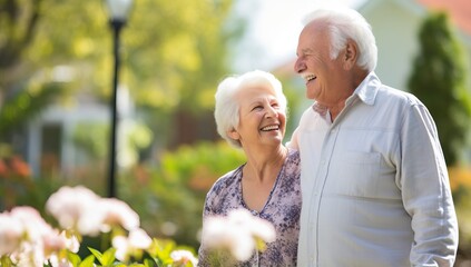 Happy elderly couple laughing together in the park. Senior love, retirement, togetherness and happiness.