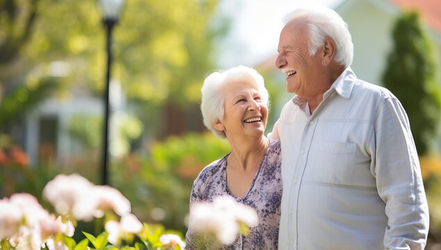 Happy elderly couple laughing together in the park. Senior love, retirement, togetherness and happiness.
