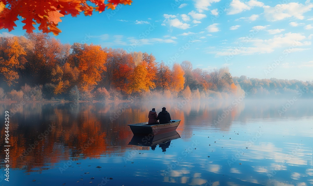 Wall mural a couple with loving gazes, enjoying a romantic boat ride on a serene lake with reflections of autum