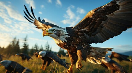 Obraz premium Majestic eagle in flight over grassy landscape with dramatic sky. Symbol of freedom and power in nature