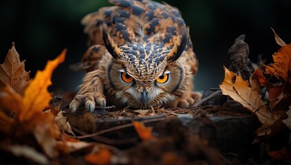 Naklejka premium Close up of a fierce owl crouching amidst autumn leaves, showcasing its striking eyes and feather details