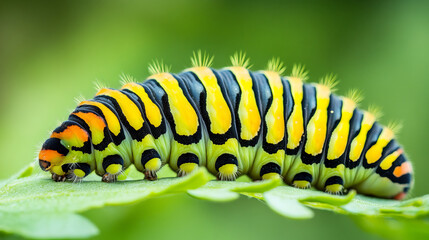 A close-up view of a stunning swallowtail butterfly caterpillar, which will eventually transform into a monarch butterfly.