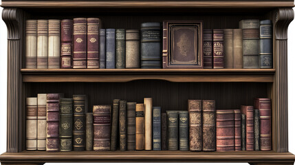 Naklejka premium Stare książki, starannie poukładane na półkach, stoją w cichym kącie biblioteki. Każda książka z zarysowanymi grzbietami i złotymi napisami przyciąga wzrok, tworząc eleganckie i klasyczne wnętrze.