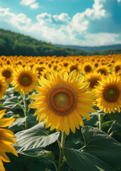field of yellow sunflowers, autumn landscape, seasonal background, harvest, agriculture, flowers, fall, plants, nature, september, october, horizontal illustration, seeds, bloom, petals, growth