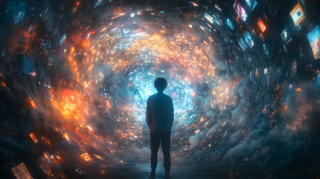 A person engulfed in a chaotic swirl of social media notifications, floating app interfaces, vibrant colors, first step of a detox journey, elements fading away with real-world interactions emerging,  - Powered by Adobe