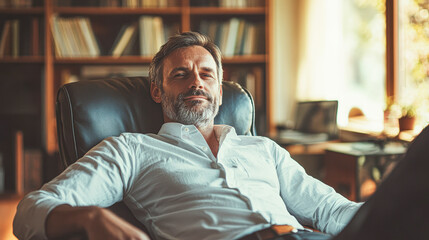 Fototapeta premium A man is sitting in a chair with his legs crossed and a book behind him
