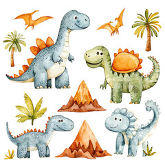 cute cartoon water color whimsical concept for kids whimsical watercolor isolated on white Colorful watercolor dinosaurs surrounded by tropical plants and volcanoes