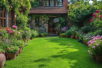 Naklejka premium Summer Garden with Flowers and House.