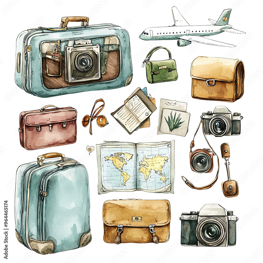 Wall mural cute cartoon water color whimsical concept for kids whimsical watercolor isolated on white Travel essentials collection featuring luggage, cameras, maps, and accessories for your next adventure.