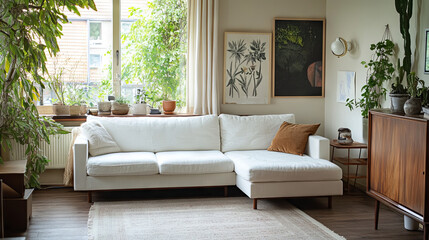 A comfortable and stylish living room with a white modular sofa, wooden furniture, artwork, decorations, a windowsill, and personal touches.  It's a great example of home design.