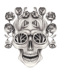 Skull and rose tattoo surreal art hand drawing on paper.