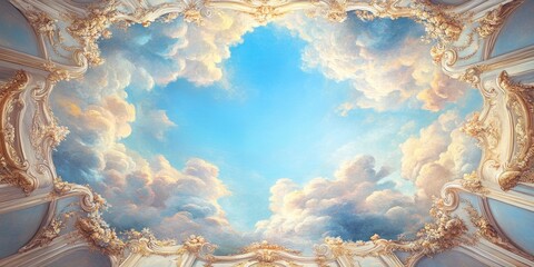 Ethereal Sky Mural: Dramatic Blue Heavens with Baroque-Inspired Frame. Celestial Ceiling Art for Spiritual and Cultural Decor. AI-Generated 4K Wallpaper Perfect for Religious Themes, Aesthetic Interio