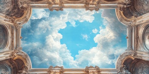 Ethereal Sky Mural: Dramatic Blue Heavens with Baroque-Inspired Frame. Celestial Ceiling Art for Spiritual and Cultural Decor. AI-Generated 4K Wallpaper Perfect for Religious Themes, Aesthetic Interio