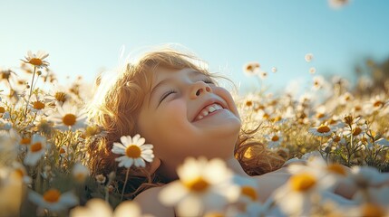 Photorealistic image of a laughing child lying on their back in a field of flowers, gazing up at the clear blue sky, with sunlight softly illuminating their face