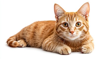 Fototapeta premium A charming orange cat with striking eyes, lounging comfortably on a white background. Perfect for pet lovers and animal-themed design.