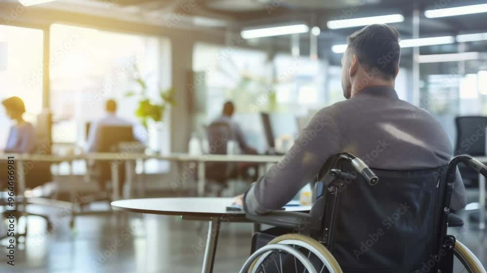 Poster businessman in a wheelchair in a modern office environment with sunlight filtering through large win