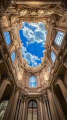 Ethereal Sky Mural: Dramatic Blue Heavens with Baroque-Inspired Frame. Celestial Ceiling Art for Spiritual and Cultural Decor. AI-Generated 4K Wallpaper Perfect for Religious Themes, Aesthetic Interio