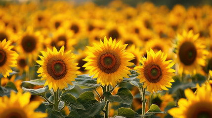Obraz premium field of yellow sunflowers, autumn landscape, seasonal background, harvest, agriculture, flowers, fall, plants, nature, september, october, horizontal illustration, seeds, bloom, petals, growth