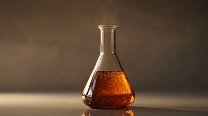 Bromine in a Flask: A laboratory flask filled with reddish-brown bromine liquid, with vapor rising and detailed reflections on the glass surface. 
