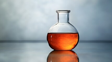 Bromine in a Flask: A laboratory flask filled with reddish-brown bromine liquid, with vapor rising and detailed reflections on the glass surface. 
