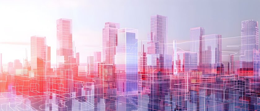 Colossal Interconnected Data Towers Visualizing Worldwide Trends in Retrofuturistic Minimalist Megacity