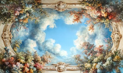 Ethereal Sky Mural: Dramatic Blue Heavens with Baroque-Inspired Frame. Celestial Ceiling Art for Spiritual and Cultural Decor. AI-Generated 4K Wallpaper Perfect for Religious Themes, Aesthetic Interio