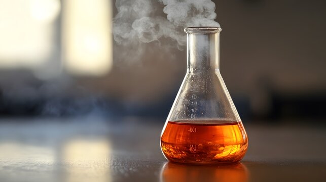 Bromine in a Flask: A laboratory flask filled with reddish-brown bromine liquid, with vapor rising and detailed reflections on the glass surface. 
