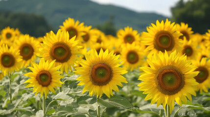 Fototapeta premium field of yellow sunflowers, autumn landscape, seasonal background, harvest, agriculture, flowers, fall, plants, nature, september, october, horizontal illustration, seeds, bloom, petals, growth