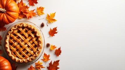 A warm, inviting pumpkin pie surrounded by autumn leaves and pumpkins, perfect for celebrating fall festivities.