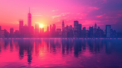 Fototapeta premium Breathtaking city skyline at sunset, showcasing vibrant hues of purple and pink reflecting in the water.
