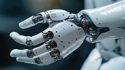 Fototapeta premium Close-up of a robotic hand showcasing intricate mechanics and design, symbolizing advanced technology and innovation.