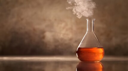 Bromine in a Flask: A laboratory flask filled with reddish-brown bromine liquid, with vapor rising and detailed reflections on the glass surface. 
