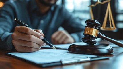 Judge Writing Legal Documents In Courtroom With Gavel And Scales Of Justice