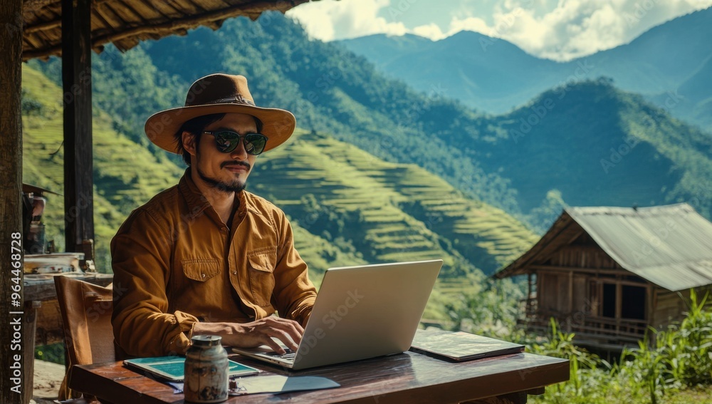 Poster man wearing sunglasses and a hat is sitting at the table with his laptop in front of him, working on