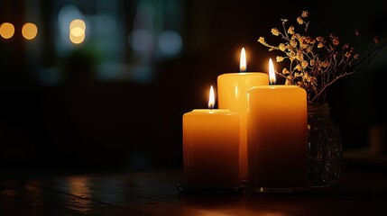 Tranquil scene featuring glowing candles surrounded by soft light, creating a cozy and serene atmosphere for relaxation.